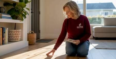 Woman inspecting new hardwood floors