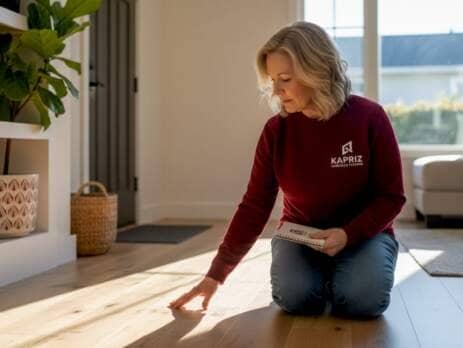 Woman inspecting new hardwood floors
